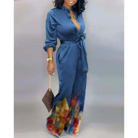 Colorblock Tie Front Buttoned Casual Jumpsuit