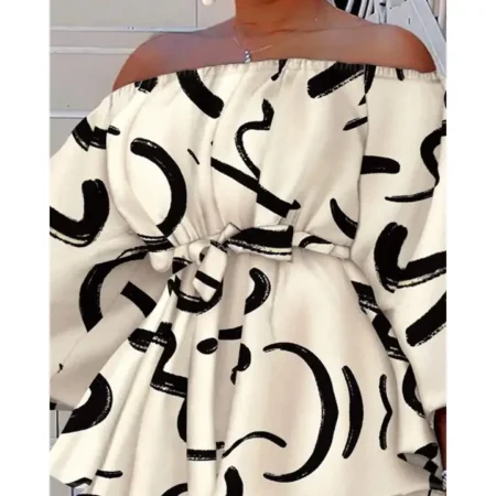 Abstract Print Off Shoulder Belted Top Shorts Set