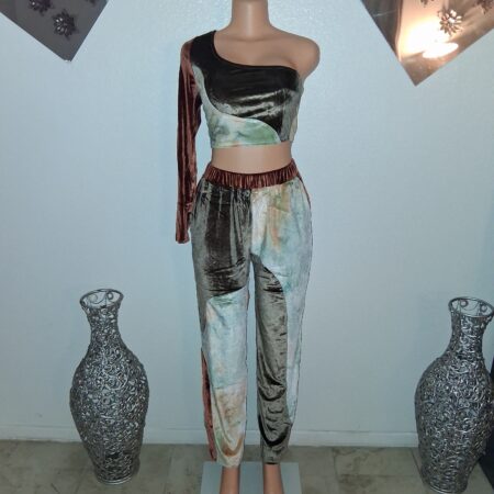 Color Blocked Water Color Tie Dye Velvet Straight Leg Pants with Slant Pockets in Olive & Brown and Matching Crop Top