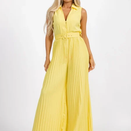 Women's Sleeveless Button Up Belted Wide Leg Pleated Jumpsuit