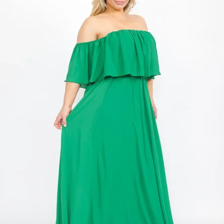 Plus Size Short Sleeve Off Shoulder Elastic Waist Maxi Dress